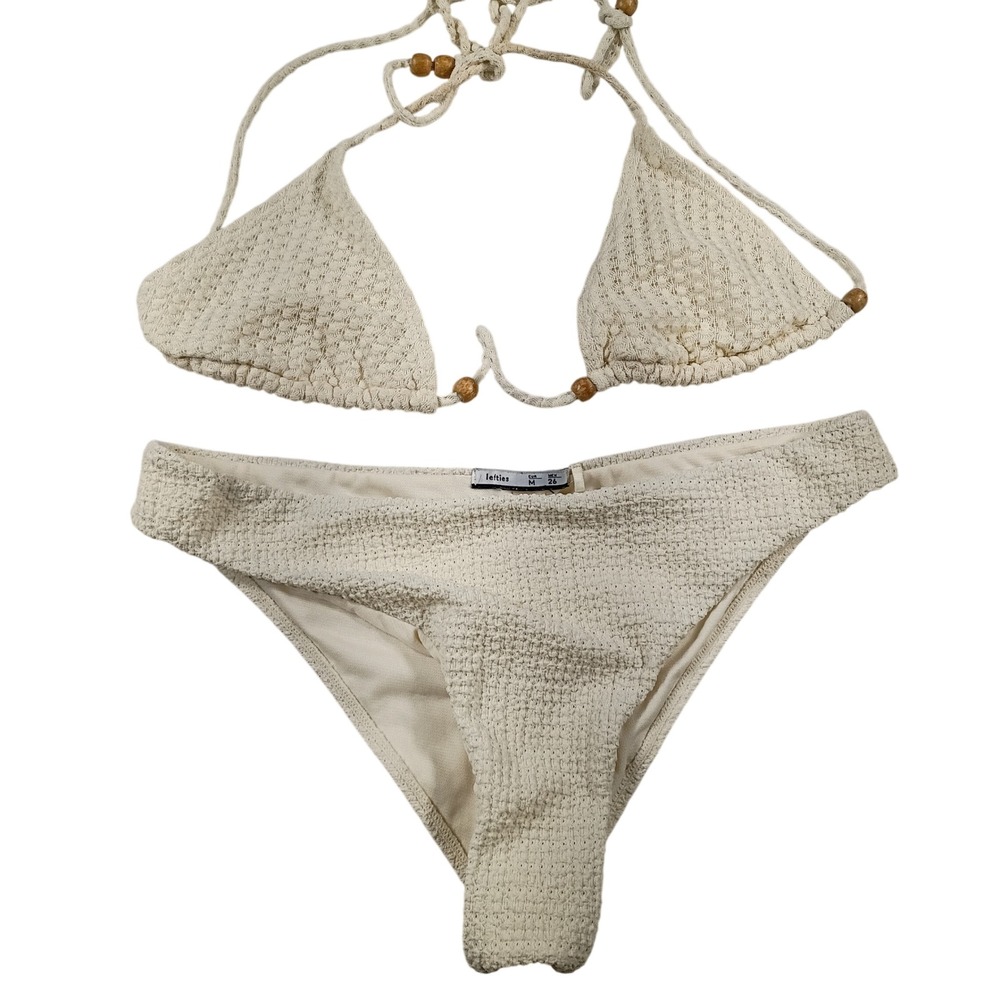 Lefties Bikini Set Women Size M Cream Excellent Textured Wood Bead Triangle Boho - Picture 5 of 5